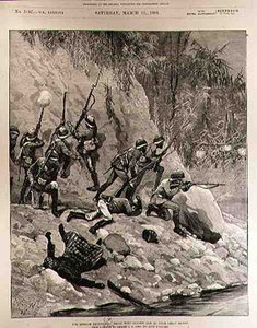 La expedición a Birmania: Lucha con dacoits, 12 de enero, cerca de Shoay Green, de The Illustrated London News, 13 de marzo de 1886 de Richard Caton II Woodville
