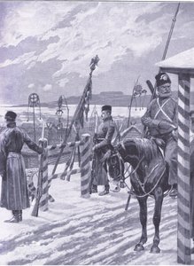 Una estación cosaca en Manchuria con signos tribales sobre las cabañas de los hombres, ilustración de Cassells History of the Russo-Japanese War Vol 1, c.1900