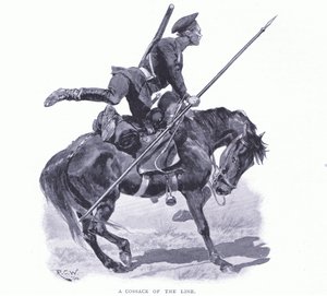 Un cosaco de la línea, ilustración de Cassells History of the Russo-Japanese War Vol 1, c.1900