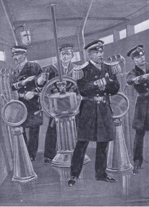 El almirante Togo en la torre de mando de su buque insignia, dirigiendo una acción naval, ilustración de la Historia de la Guerra Ruso-Japonesa de Cassell Vol 1, c.1900