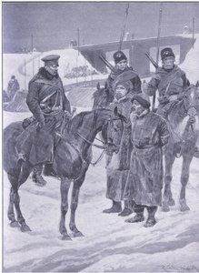 Arresto de espías japoneses descubiertos como coolies, ilustración de la Historia de la Guerra Ruso-Japonesa de Cassell Vol 1, c.1900