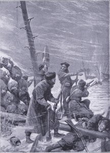 Ataque al ferrocarril por Chunchuses, ilustración de la Historia de la Guerra Ruso-Japonesa de Cassell Vol 1, c.1900