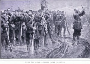 Antes de la batalla: Una oración rusa por el éxito, ilustración de Cassells History of the Russo-Japanese War Vol 1, c.1900