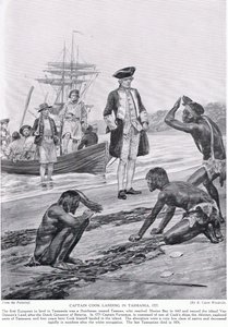 El capitán Cook desembarcando en Tasmania, 1777, ilustración de 