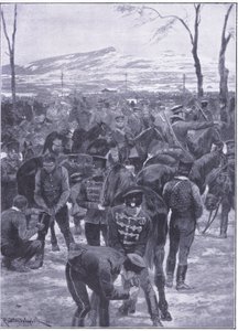 Campamento de caballería japonesa en Seúl: Herreros trabajando, ilustración de Cassells History of the Russo-Japanese War Vol 1, c.1900 de Richard Caton Woodville