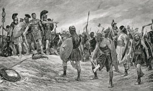 Vespasiano rescatado por su hijo Tito, ilustración de 