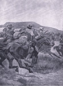 La caballería atacando la retaguardia y el transporte de De Wet, de Después de Pretoria: La Guerra de Guerrillas publicado por Harmsworth Bros Limited, 1901 de Richard Caton Woodville