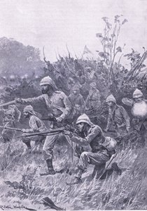 Avance de las fuerzas británicas en la campaña Ashanti de 1873, ilustración de British Battles on Land and Sea, 1915