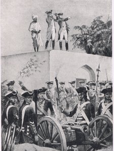 Batalla de Plassey, 23 de junio de 1757: Clive en el techo del pabellón de caza de Nawab Surat-ud-Daula, ilustración de British Battles on Land and Sea, 1915