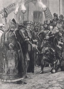Eduardo III saludando al Príncipe de Gales después de la Batalla de Crécy, ilustración de 