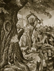 Malachy talando el árbol de coronación de Munster en 982, ilustración de 