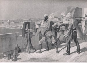 En el camino hacia el Nilo: Disparando a los derviches, ilustración de British Battles on Land and Sea, 1915 de Richard Caton Woodville junior