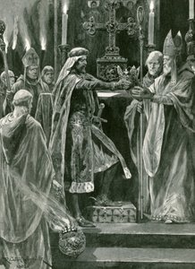 Ricardo I entregando la corona al arzobispo antes del acto de coronación de Richard Caton Woodville junior