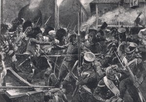 Los 42º Highlanders expulsando a los franceses de Elvina, ilustración de 