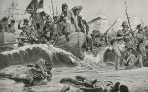 Las tropas británicas fuerzan un desembarco en la bahía de Aboukir frente a las baterías francesas de Richard Caton Woodville junior