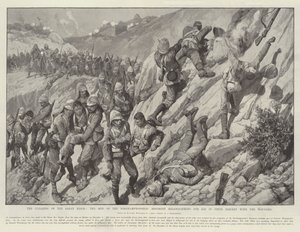 La limpieza de la cresta de Saran, los hombres del Regimiento de Northamptonshire heliografiando para pedir ayuda en su descenso con los heridos de Richard Caton Woodville junior