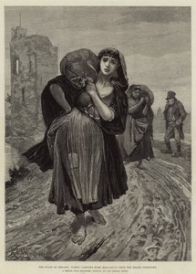 El estado de Irlanda, mujeres llevando sacos de comida a casa desde el comité de ayuda de Richard Caton Woodville junior