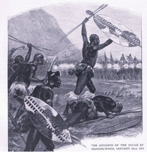 El avance de los zulúes en Isandhlwana, 22 de enero de 1879, ilustración de British Battles on Land and Sea, 1915