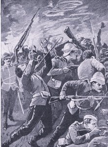 La defensa de Rorkes Drift, ilustración de British Battles on Land and Sea, 1915 de Richard Caton Woodville junior