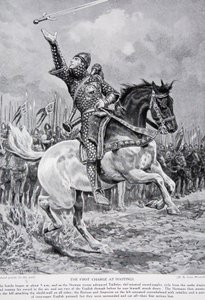La primera carga en Hastings: Taillefer el juglar de espadas cabalgó desde las filas cantando y lanzando su espada al aire, 1066, ilustración de 