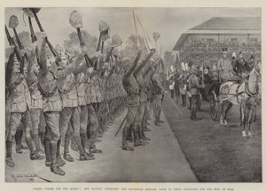 ¡Tres Vivas por la Reina!, Su Majestad Inspeccionando la Brigada de la Casa Antes de su Partida hacia el Frente de Guerra