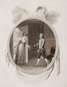 La Srta. Darnford llevando a Mr. B la noticia del nacimiento de un hijo, Lett. 18, ilustración para una edición de 1802 de 