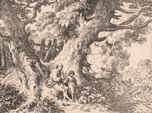 Árboles viejos con anciano, niño y perro de Richard Corbould