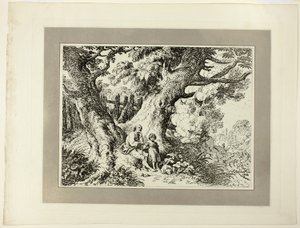 Árboles viejos con anciano, una niña y un perro, de la primera edición de Specimens of Polyautography de Richard Corbould