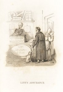 El esqueleto de la Muerte en la oficina de seguros. ,1827 (grabado) de Richard Dagley
