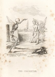 El esqueleto de la Muerte lanza una pelota a un jugador de críquet al bate, 1827 (grabado) de Richard Dagley