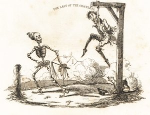 Viñeta de un esqueleto y un hombre colgando de una horca.,1827 (grabado)