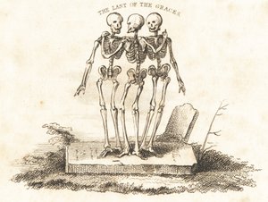 Viñeta de tres esqueletos en una lápida, 1827 (grabado)