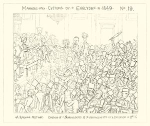 1849, Una reunión ferroviaria, emoción de los accionistas al anuncio de un dividendo de dos peniques y medio
