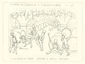 1849, Las bodegas de vino en los muelles, mostrando una fiesta degustando