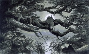 ¿Hadas, ninfas y duendes descansando a la luz de la luna en una rama? Ilustración de "" En el país de las hadas. Una serie de imágenes del mundo de los elfos"" por Richard Doyle 1869-1870 The British Library Institution Referencia: Shelfmark ID: 1876 e18 