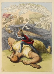 Jack de pie sobre el cuerpo de un gigante, con su espada en alto. Ilustración en color en un libro infantil. de Richard Doyle