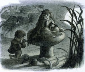 Un hada del agua sentada sobre un hongo es cortejada por un amante. En ""El mundo de las hadas"" de Richard Doyle