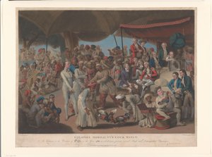 John Mordaunt y Asaf-ud-Daula ven una pelea de gallos La pelea de gallos del Coronel Mordaunt (título sobre el objeto) de Richard Earlom