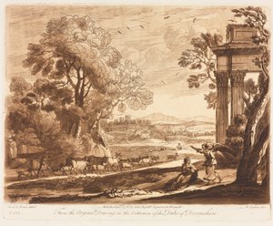 Liber Veritatis: No. 133, Un paisaje, con ganado y el ángel consolando a Agar, 1776 de Richard Earlom