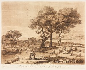 Liber Veritatis: No. 135, Un paisaje, con edificios, Mercurio robando el ganado de Admeto, 1776 de Richard Earlom