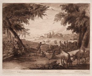 Liber Veritatis: No. 36, Escena pastoral con aldeanos y un rebaño de bueyes y cabras de Richard Earlom