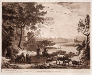 Liber Veritatis: No. 42, Un Paisaje Fluvial con un Pastor y una Pastora y un Rebaño de Ganado de Richard Earlom