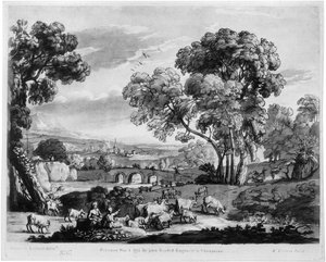 Paisaje bucólico con río y puente de Richard Earlom