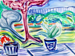 Patio trasero con ciruelo, 2020 de Richard Fox