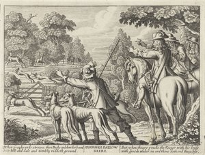 Herten nagejaagd puerta jachthonden Coursing Fallow Deere (título sobre el objeto) Jachtpartijen (título de la serie) Varias formas de caza, venta ambulante y pesca, según la manera inglesa (título de la serie) de Richard Gaywood (possibly)