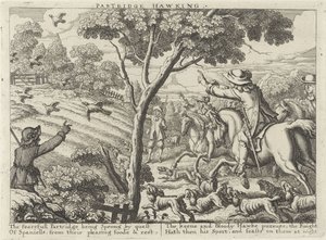 Jacht op patrijsvogels Partridge Hawking (título sobre el objeto) Jachtpartijen (título de la serie) Varias formas de caza, venta ambulante y pesca, según la manera inglesa (título de la serie) de Richard Gaywood (possibly)