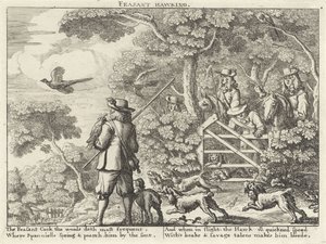 Valkenjacht op fazanten Feasant Hawking (título sobre el objeto) Jachtpartijen (título de la serie) Varias formas de caza, venta ambulante y pesca, según la manera inglesa (título de la serie) de Richard Gaywood (possibly)