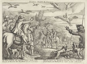 Cacería de cetrería para garzas y patos Hern Hawking (título sobre el objeto) Grupos de caza (título de la serie) Varias formas de caza, venta ambulante y pesca, según el estilo inglés (título de la serie) de Richard Gaywood (possibly)