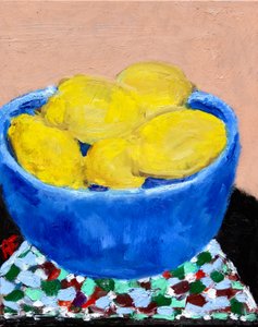 Naturaleza muerta con limones en un cuenco azul, 2021 (óleo sobre lienzo)