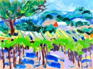 Viñedo con granero rojo, 2021 (óleo sobre papel) de Richard H. Fox